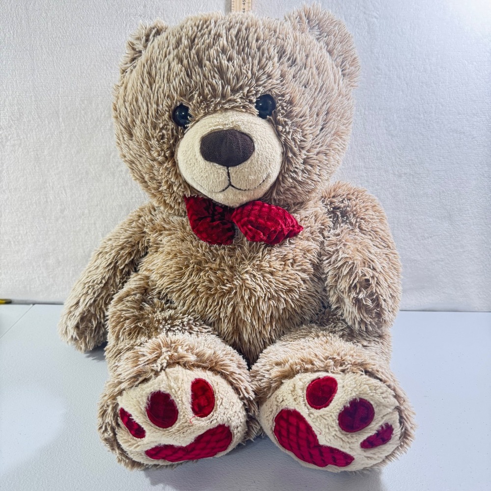 Walmart Velvet Brown Bear‎ Plush Tan Shaggy Stuffed Animal Red Bow 24 Inch